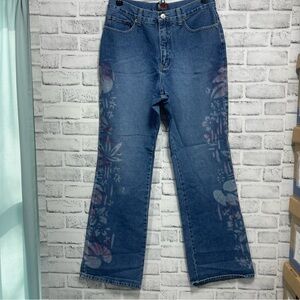 NY Jeans Floral Painted High Waist Wide Leg Jeans 10